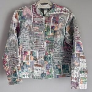 Vintage 90’s Orvis Pastel Watercolor Abstract Patchwork Bomber Jacket Size Small